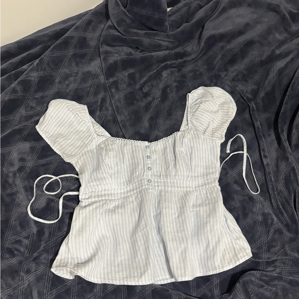 Hollister Blue Striped Puff Sleeve Babydoll Top